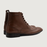 Duster Brogues Derby Brown Leather Boots - Lateral Side Profile View Showing Sleeve Cut & Athletic Taper Fit