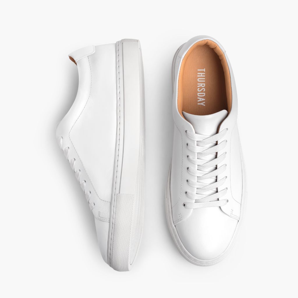 Encore White Leather Sneakers - 加固鞋跟护壁与高密度双排走线细节