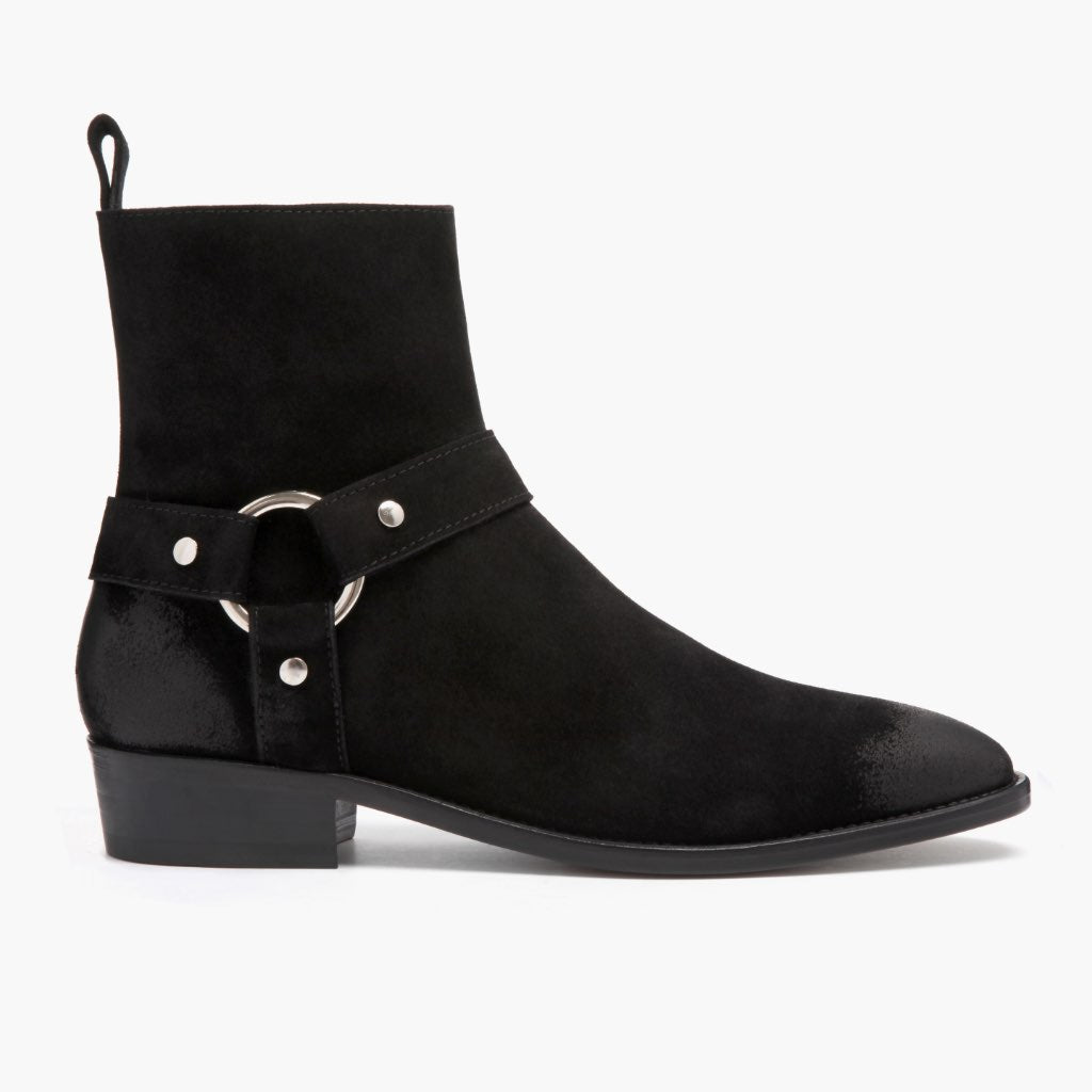 Black Goatskin Suede Leather Boots - 固特异沿条缝制工艺与鞋头细节