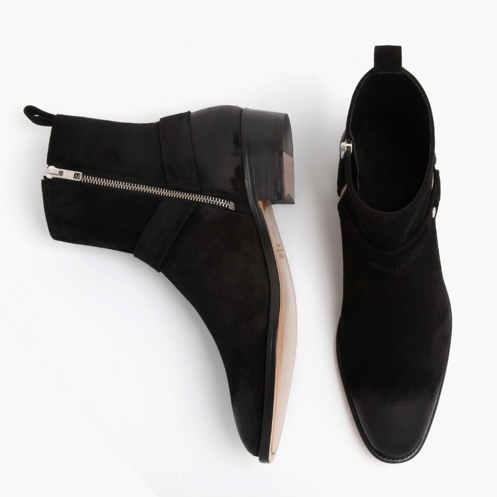 Harness 经典黑 Suede 真皮工装靴马丁靴 男士 - 加固鞋跟护壁与高密度双排走线细节