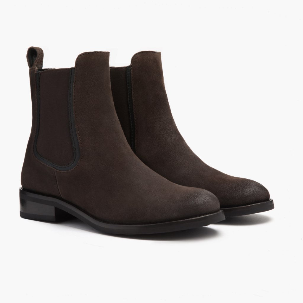 Dark Brown Goatskin Suede Leather Boots - 固特异沿条缝制工艺与鞋头细节