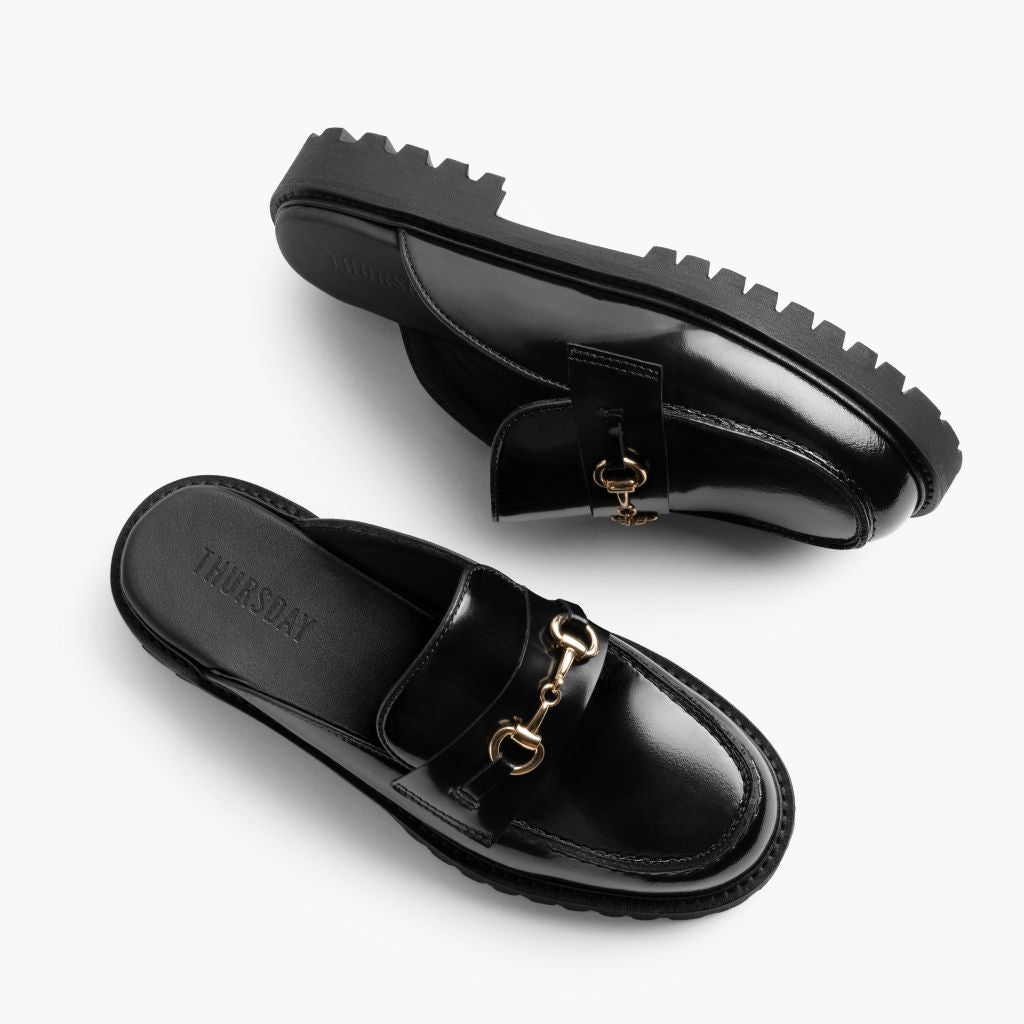 High-Traction Rubber Outsole & Lug Tread Pattern on Penny Mule 经典黑 & Gold 真皮乐福鞋 女士