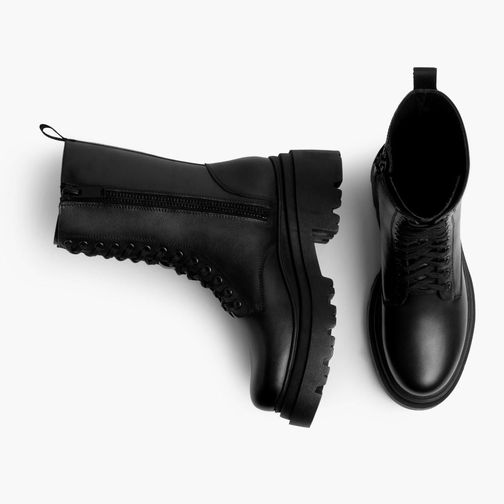 High-Traction Rubber Outsole & Lug Tread Pattern on Fatale 经典黑 真皮工装靴马丁靴 女士