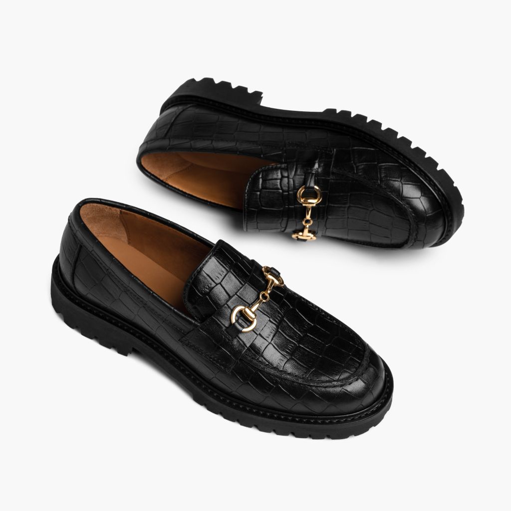 High-Traction Rubber Outsole & Lug Tread Pattern on Penny 经典黑 & Gold Croco 真皮乐福鞋 女士