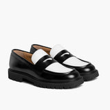 Women's Penny Black & White Leather Loafers in Black Full-Grain Leather - Lateral Side Profile View | Buy Online
