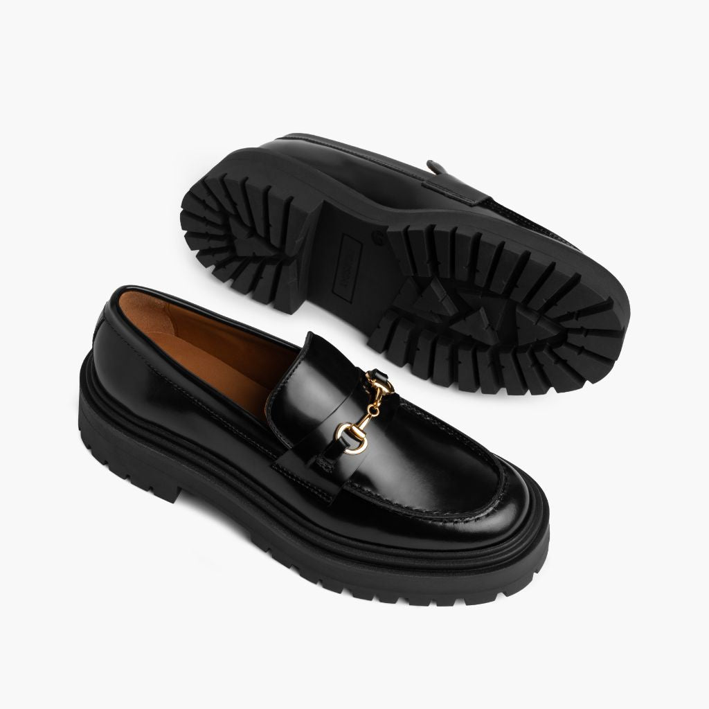 High-Traction Rubber Outsole & Lug Tread Pattern on Penny Platform 经典黑 & Gold 真皮乐福鞋 女士