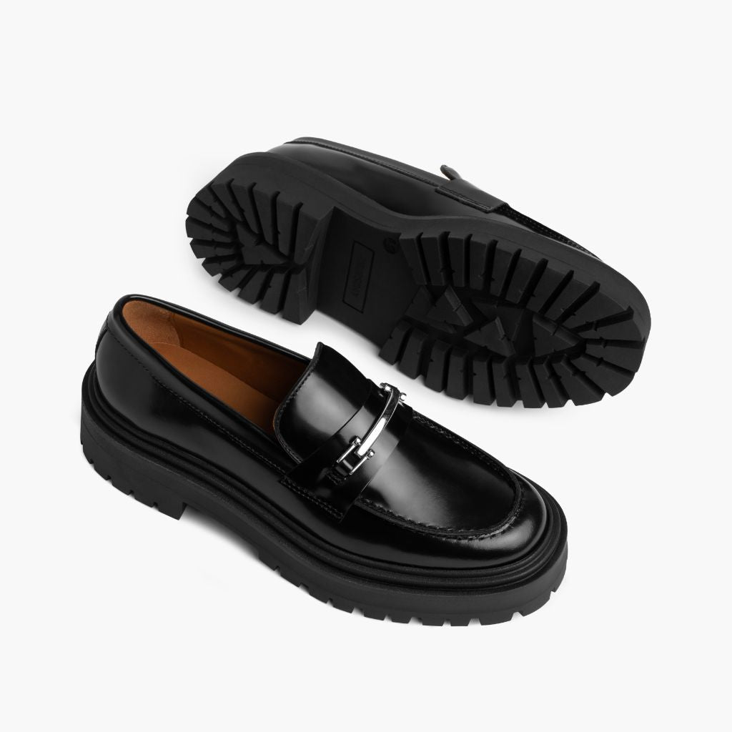 High-Traction Rubber Outsole & Lug Tread Pattern on Penny Platform 经典黑 & Silver 真皮乐福鞋 女士