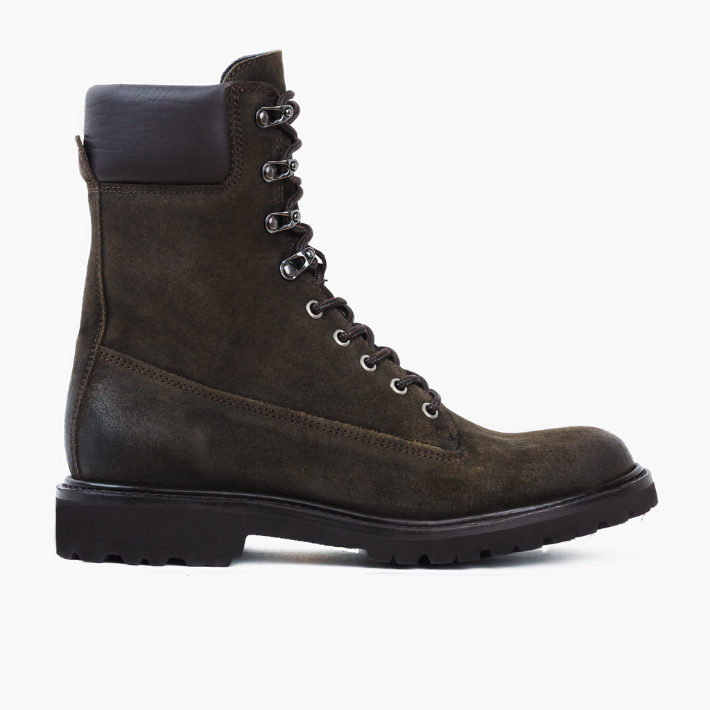 Olive Goatskin Suede Leather Boots - 固特异沿条缝制工艺与鞋头细节