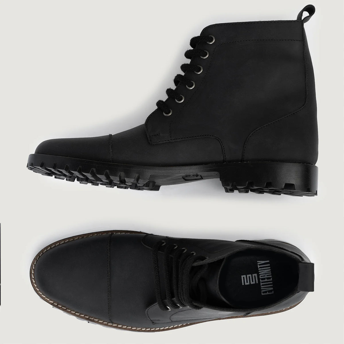 Knight Derby 经典黑 Matte Nubuck 真皮工装靴马丁靴 - TerraGrip 男士 - 加固鞋跟护壁与高密度双排走线细节
