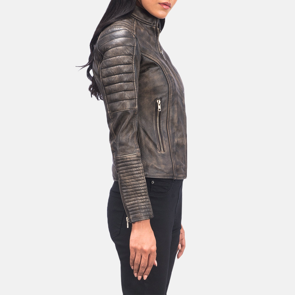 
Distressed Brown Goatskin Leather Biker Jacket - 展现肩线贴合与利落下摆的背部视角