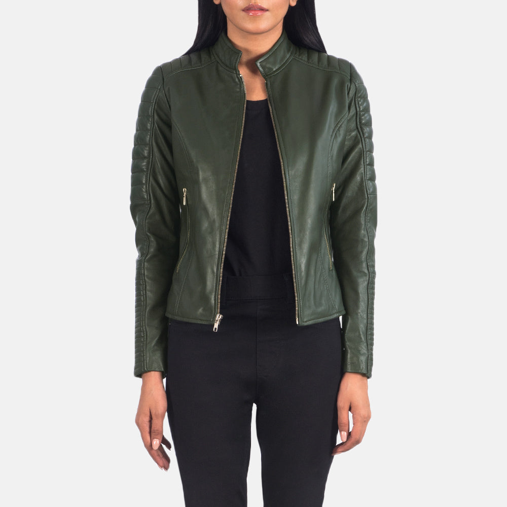 Women's Adalyn Quilted Green Leather Biker Jacket in Green Sheepskin Leather - Front Profile View & Tailored Silhouette | Buy Online