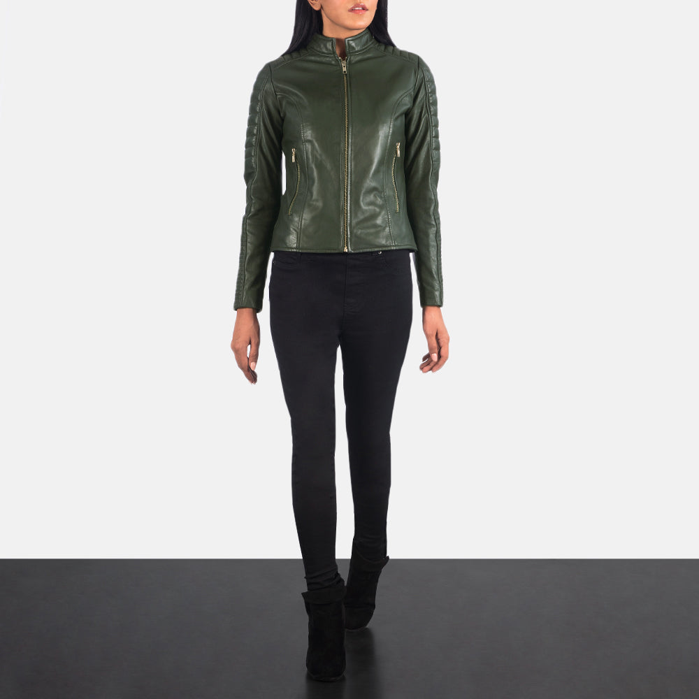 Women's Adalyn 菱格压线 墨绿色 真皮机车夹克 女士 - Lateral Side Profile View Showing Sleeve Cut &amp; Athletic Taper Fit