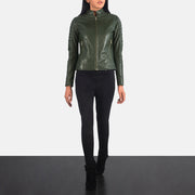 Women's Adalyn 菱格压线 墨绿色 真皮机车夹克 女士 - Lateral Side Profile View Showing Sleeve Cut &amp; Athletic Taper Fit