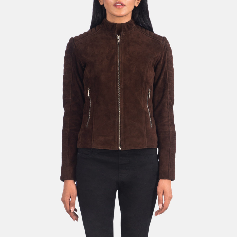 Women's Adalyn Quilted Mocha Suede 真皮机车夹克 女士 in Mocha Brown Goatskin Suede - Front Profile View &amp; Tailored Silhouette | Buy Online