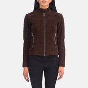 Women's Adalyn Quilted Mocha Suede 真皮机车夹克 女士 in Mocha Brown Goatskin Suede - Front Profile View &amp; Tailored Silhouette | Buy Online