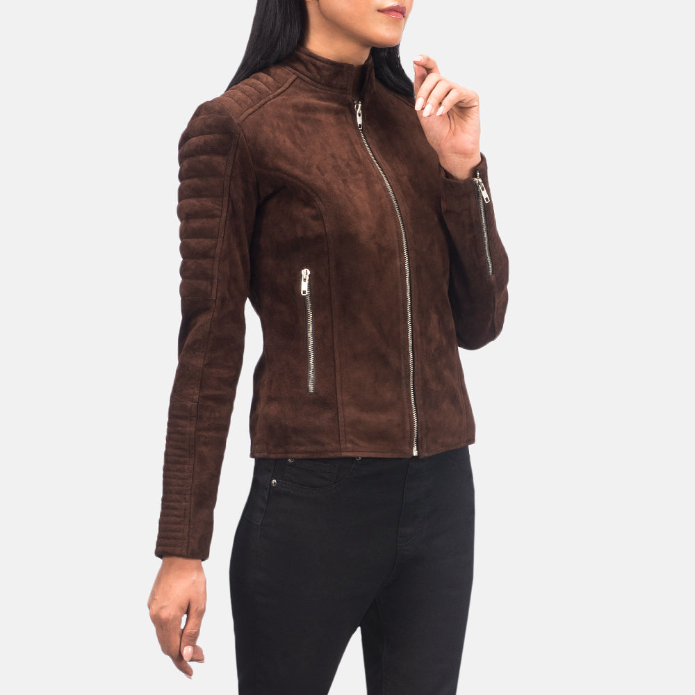 Women's Adalyn Quilted Mocha Suede 真皮机车夹克 女士 - Lateral Side Profile View Showing Sleeve Cut &amp; Athletic Taper Fit