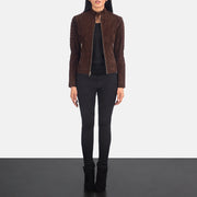 Close-Up Detail of Band &amp; Zipper Hardware on Women's Adalyn Quilted Mocha Suede 真皮机车夹克 女士