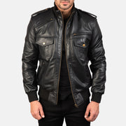 Men's Agent Shadow 黑色 真皮飞行员夹克 男士 in Black Sheepskin Leather - Front Profile View &amp; Tailored Silhouette | Buy Online
