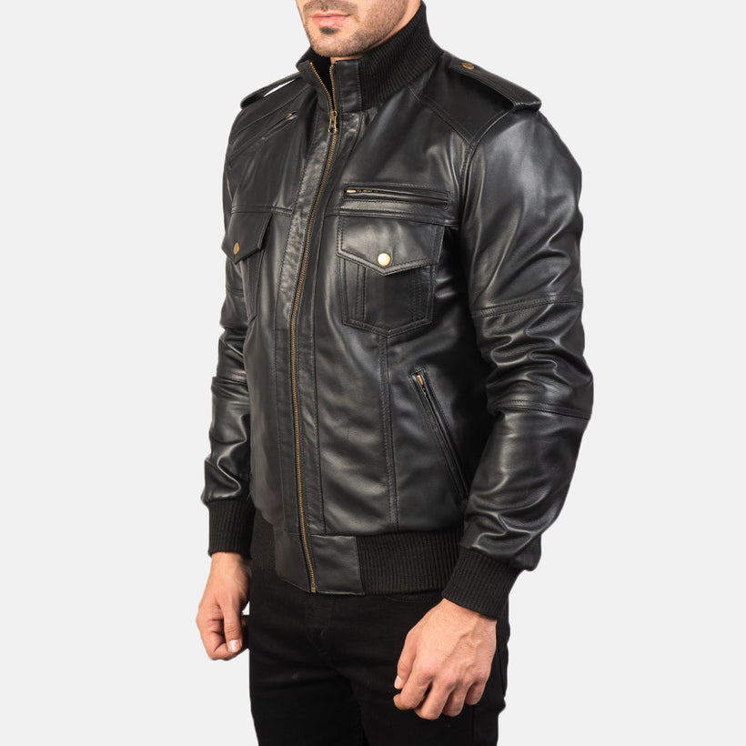 Black Sheepskin Leather Bomber Jacket - Back View Showing Tailored Shoulder Fit & Clean Hemline