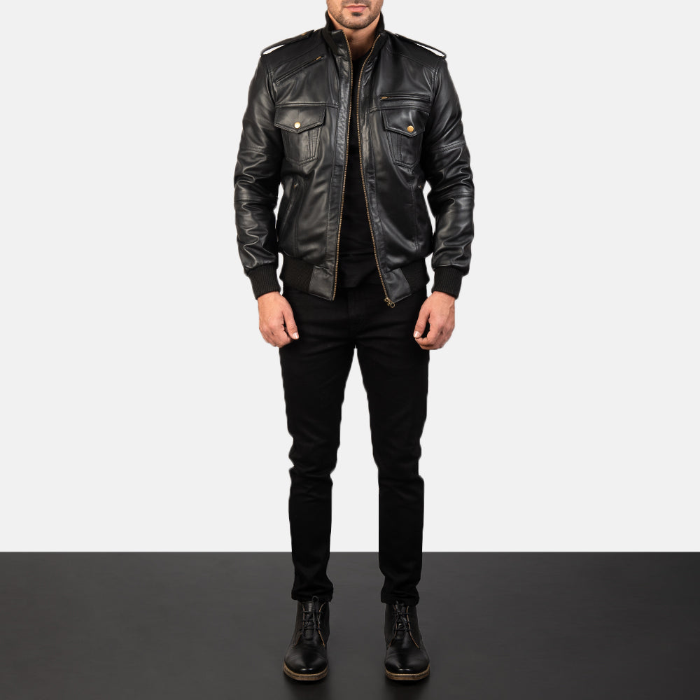 Men's Agent Shadow 黑色 真皮飞行员夹克 男士 - Lateral Side Profile View Showing Sleeve Cut &amp; Athletic Taper Fit