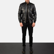 Men's Agent Shadow 黑色 真皮飞行员夹克 男士 - Lateral Side Profile View Showing Sleeve Cut &amp; Athletic Taper Fit