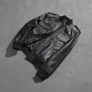 Styled Fit Perspective of Men's Agent Shadow 黑色 真皮飞行员夹克 男士 on Model - Natural Daylight Drape