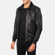 
Black Sheepskin Leather Bomber Jacket - 展现肩线贴合与利落下摆的背部视角