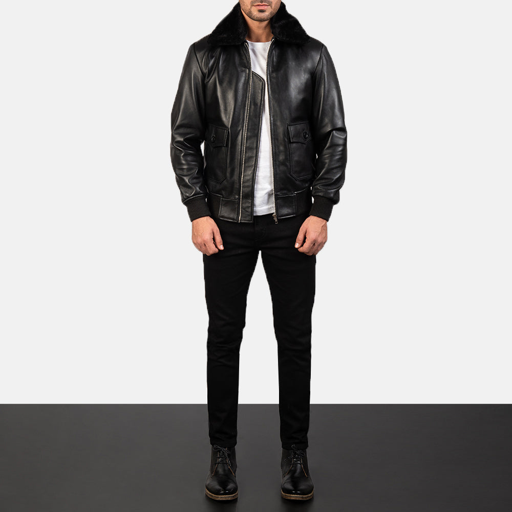Men's Airin G-1 黑色 真皮飞行员夹克 男士 - Lateral Side Profile View Showing Sleeve Cut &amp; Athletic Taper Fit