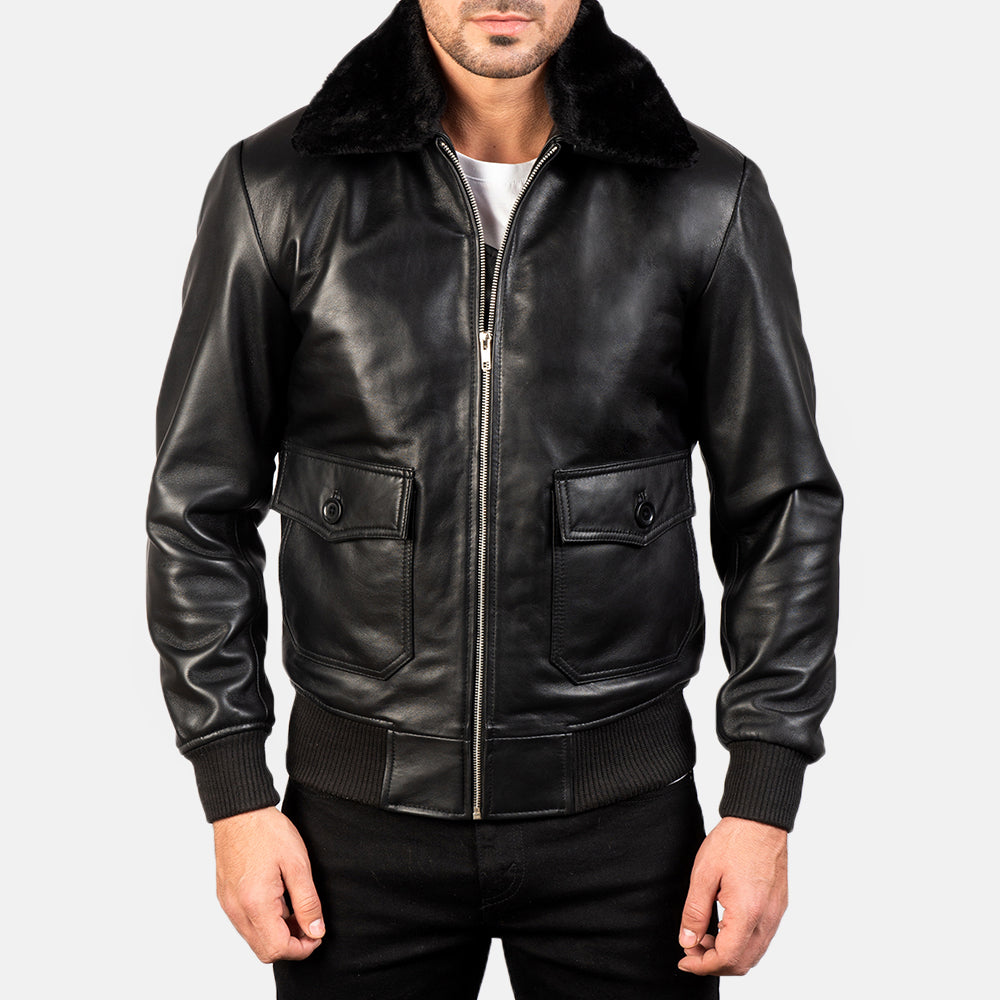 Close-Up Detail of Shirt with Removable Fur &amp; Zipper Hardware on Men's Airin G-1 黑色 真皮飞行员夹克 男士