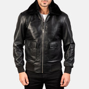 Close-Up Detail of Shirt with Removable Fur &amp; Zipper Hardware on Men's Airin G-1 黑色 真皮飞行员夹克 男士