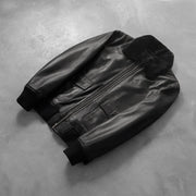 Rib Knit &amp; Hem Craftsmanship Construction Detail on Men's Airin G-1 黑色 真皮飞行员夹克 男士