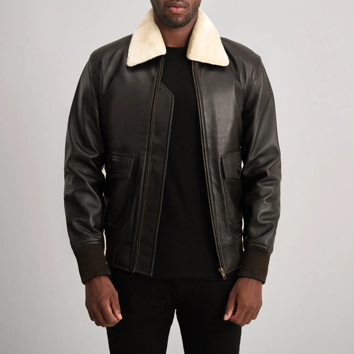 
Airin G-1 复古棕 & Cream 真皮飞行员夹克 男士 in Brown Sheepskin Leather - 正面版型与定制立体剪裁轮廓 | 官方商城选购