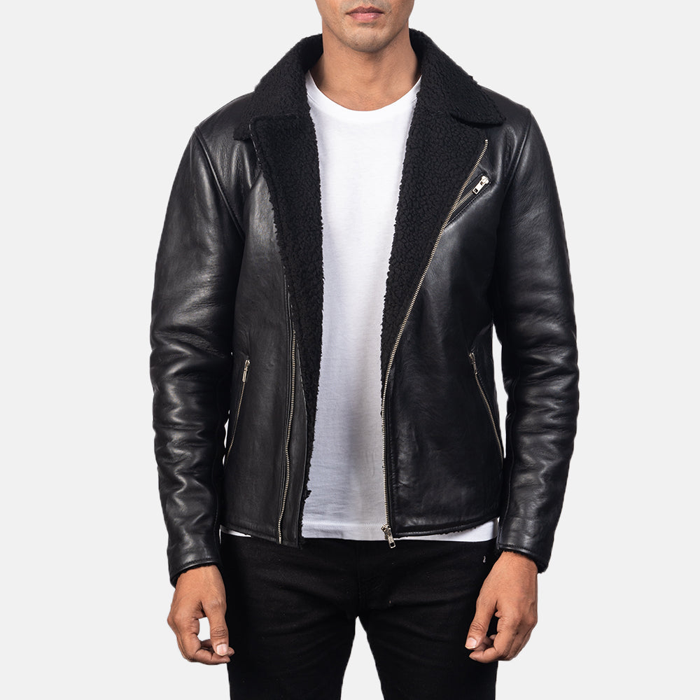 Men's Alberto Shearling 黑色 真皮夹克 男士 in Black Sheepskin Leather - Front Profile View &amp; Tailored Silhouette | Buy Online