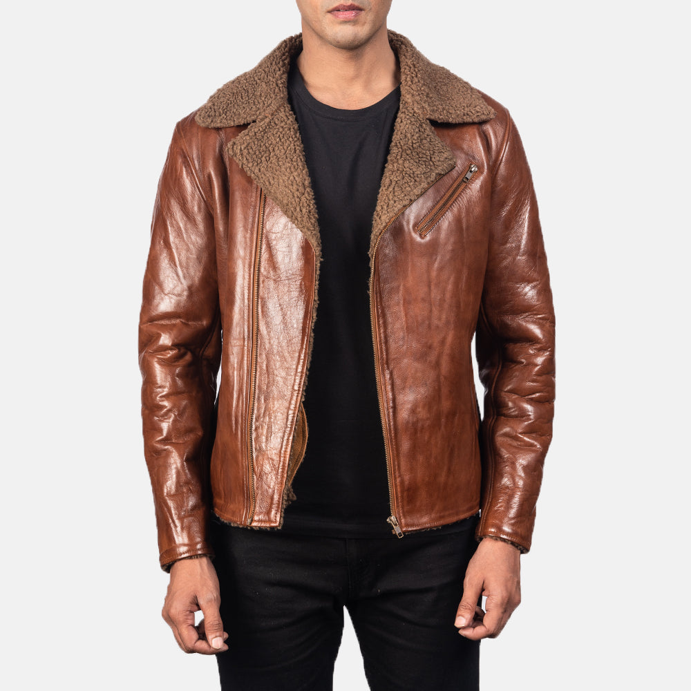 Men's Alberto Shearling 棕色 真皮夹克 男士 in Brown Sheepskin Leather - Front Profile View &amp; Tailored Silhouette | Buy Online