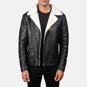 Men's Alberto White Shearling 黑色 真皮夹克 男士 in Black Sheepskin Leather - Front Profile View &amp; Tailored Silhouette | Buy Online