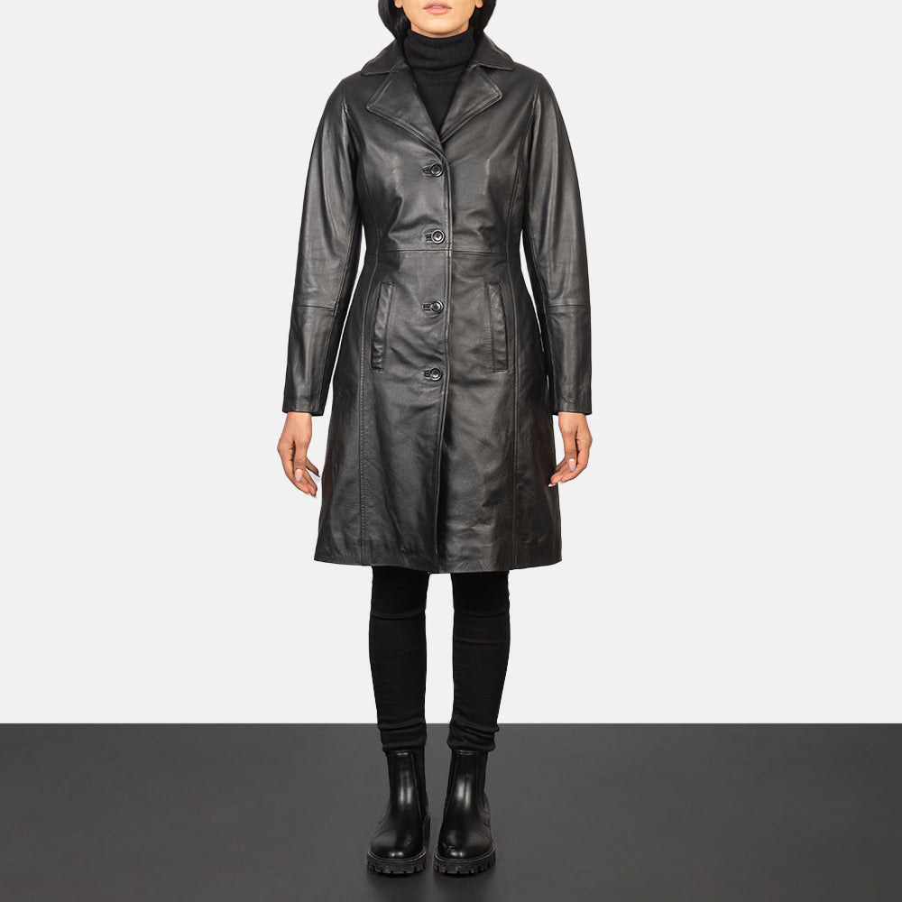 
Alexis 经典黑 Single Breasted 真皮大衣 女士 in Black Cowhide Leather - 正面版型与定制立体剪裁轮廓 | 官方商城选购