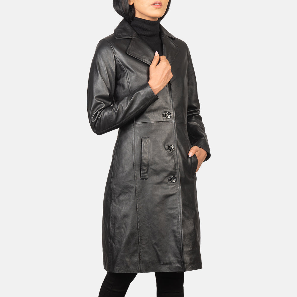 
Black Cowhide leather Coat - 展现肩线贴合与利落下摆的背部视角