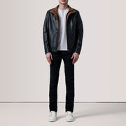 Brown Sheepskin Leather Bomber Jacket - Back View Showing Tailored Shoulder Fit &amp; Clean Hemline