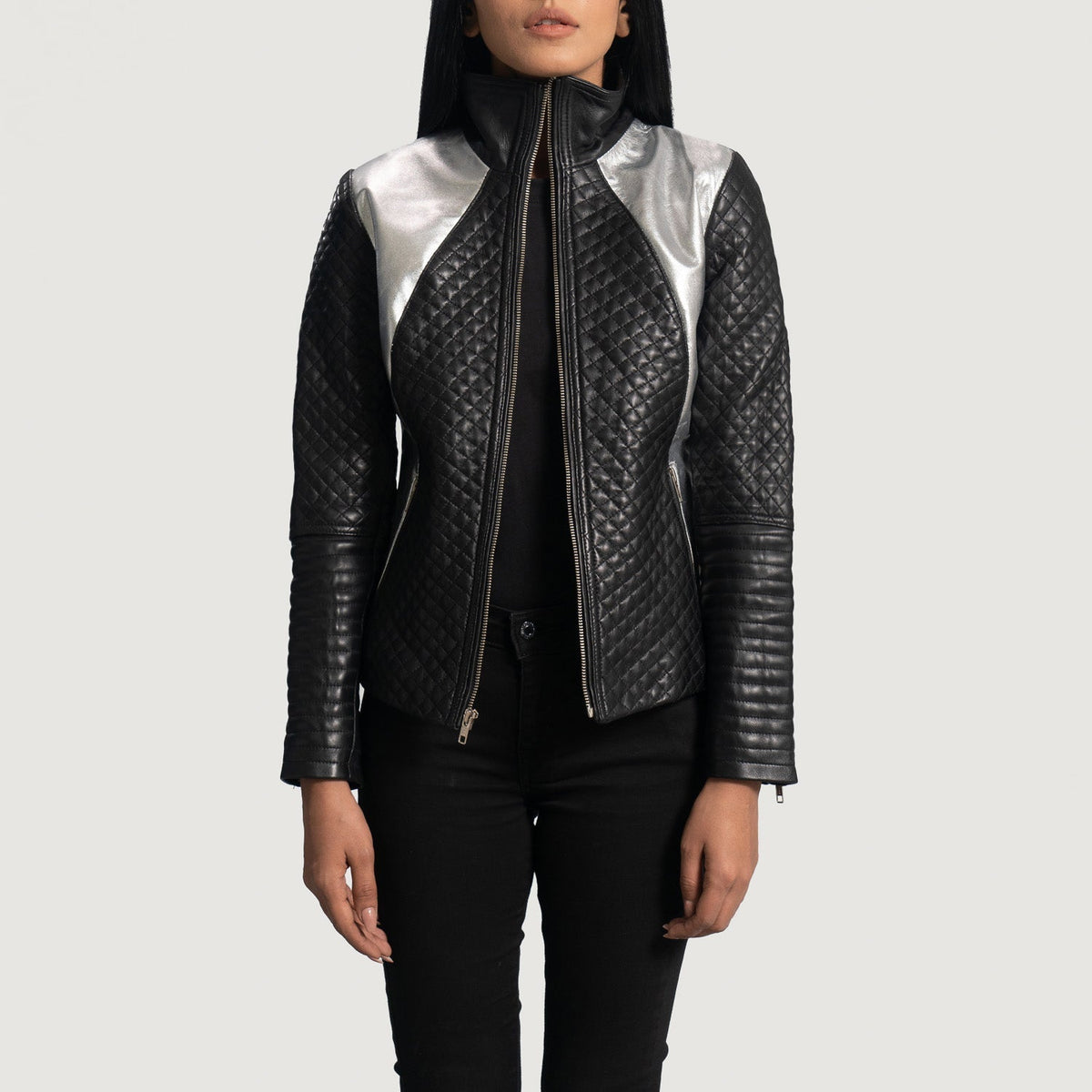 Women's Alia Metallic 黑色 真皮机车夹克 女士 in Black Sheepskin Leather - Front Profile View &amp; Tailored Silhouette | Buy Online