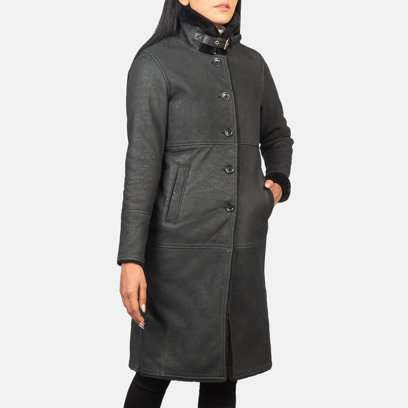 Distressed Black Sheepskin Leather Aviator Jacket - Back View Showing Tailored Shoulder Fit & Clean Hemline