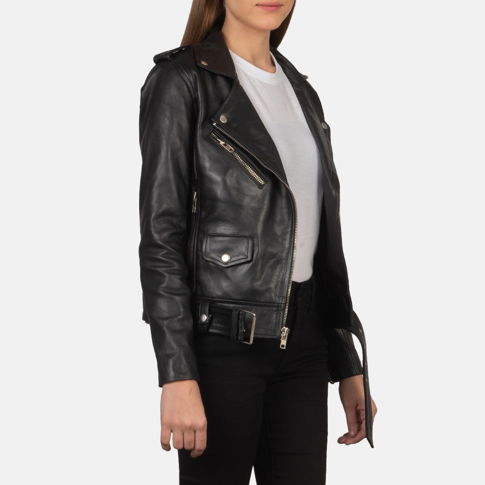 
Black Cowhide Leather Biker Jacket - 展现肩线贴合与利落下摆的背部视角