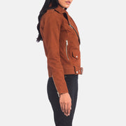 Brown Goatskin Suede Biker Jacket - Back View Showing Tailored Shoulder Fit &amp; Clean Hemline