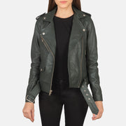 Women's Alison Green 真皮机车夹克 女士 in Green Sheepskin Leather - Front Profile View &amp; Tailored Silhouette | Buy Online