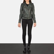 Women's Alison Green 真皮机车夹克 女士 - Lateral Side Profile View Showing Sleeve Cut &amp; Athletic Taper Fit