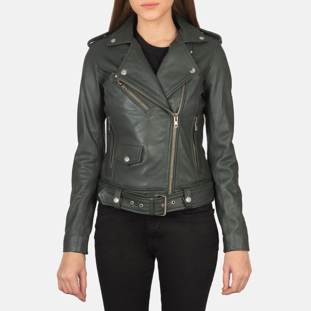 Close-Up Detail of Notch &amp; Zipper Hardware on Women's Alison Green 真皮机车夹克 女士