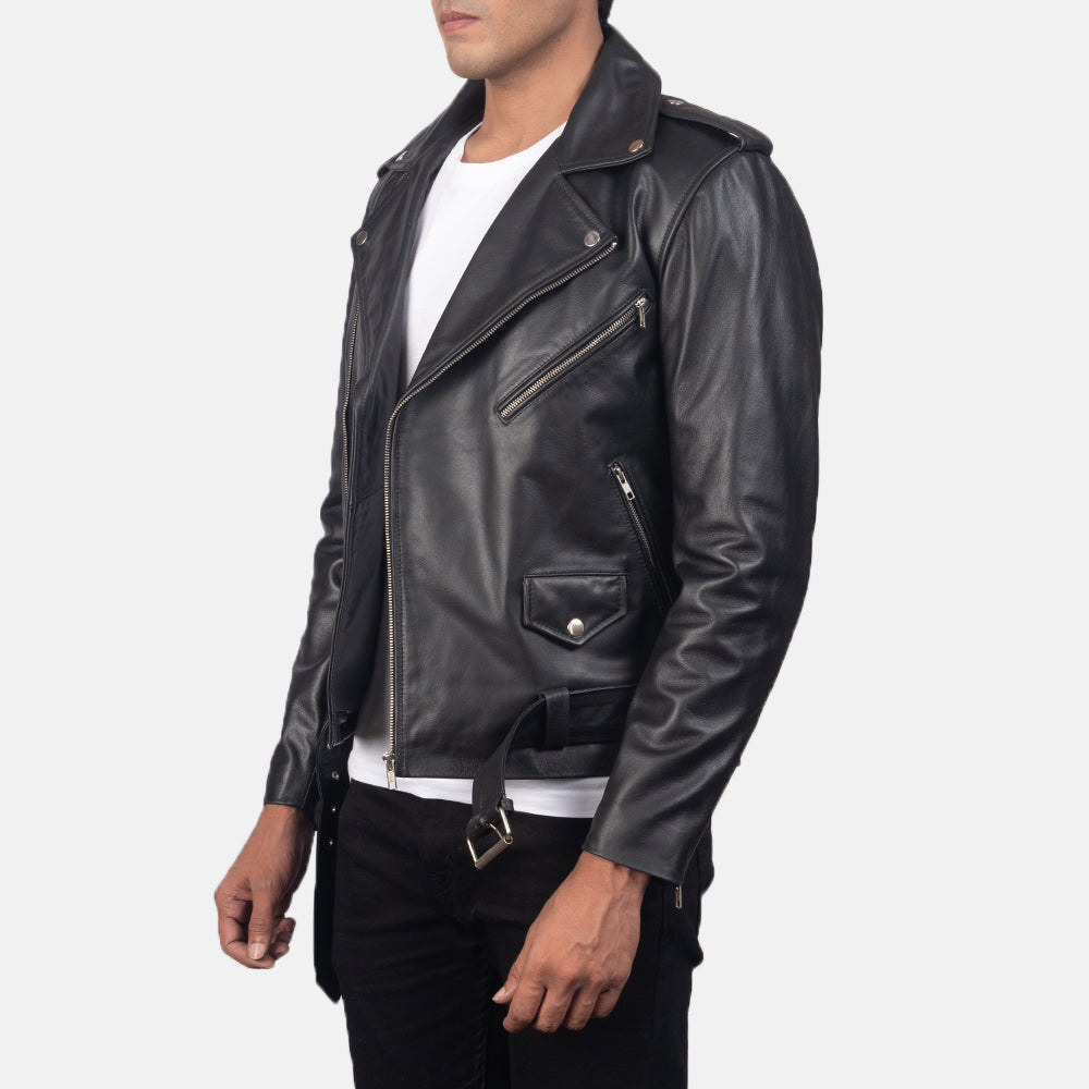 
Black Cowhide Leather Biker Jacket - 展现肩线贴合与利落下摆的背部视角