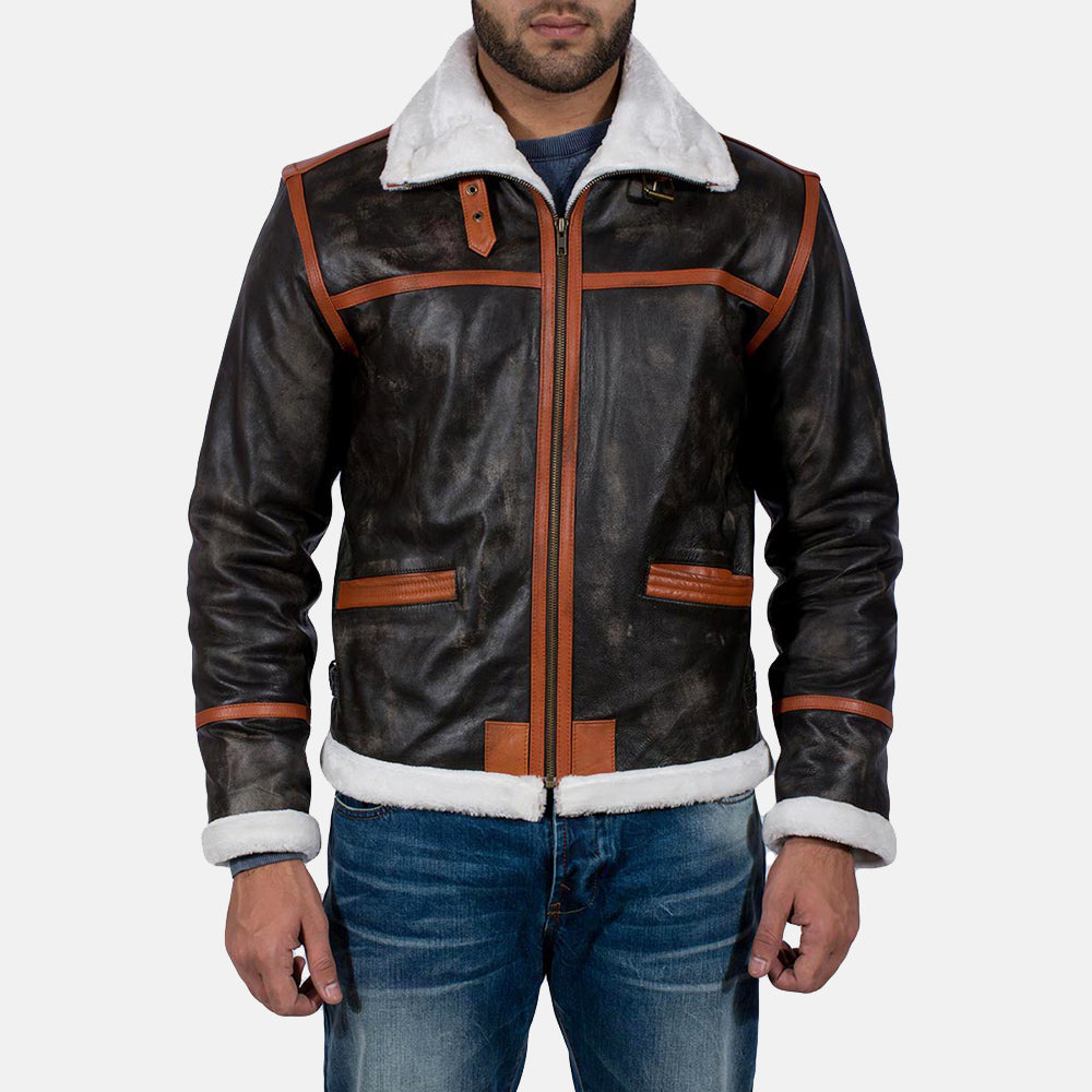 Men's Alpine 棕色 Fur 真皮夹克 男士 in Distressed Brown Goatskin Leather - Front Profile View &amp; Tailored Silhouette | Buy Online