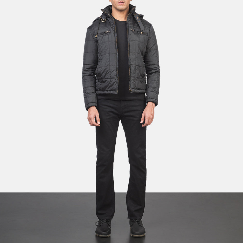 Men's Alps Quilted Black Windbreaker Jacket - Lateral Side Profile View Showing Sleeve Cut & Athletic Taper Fit