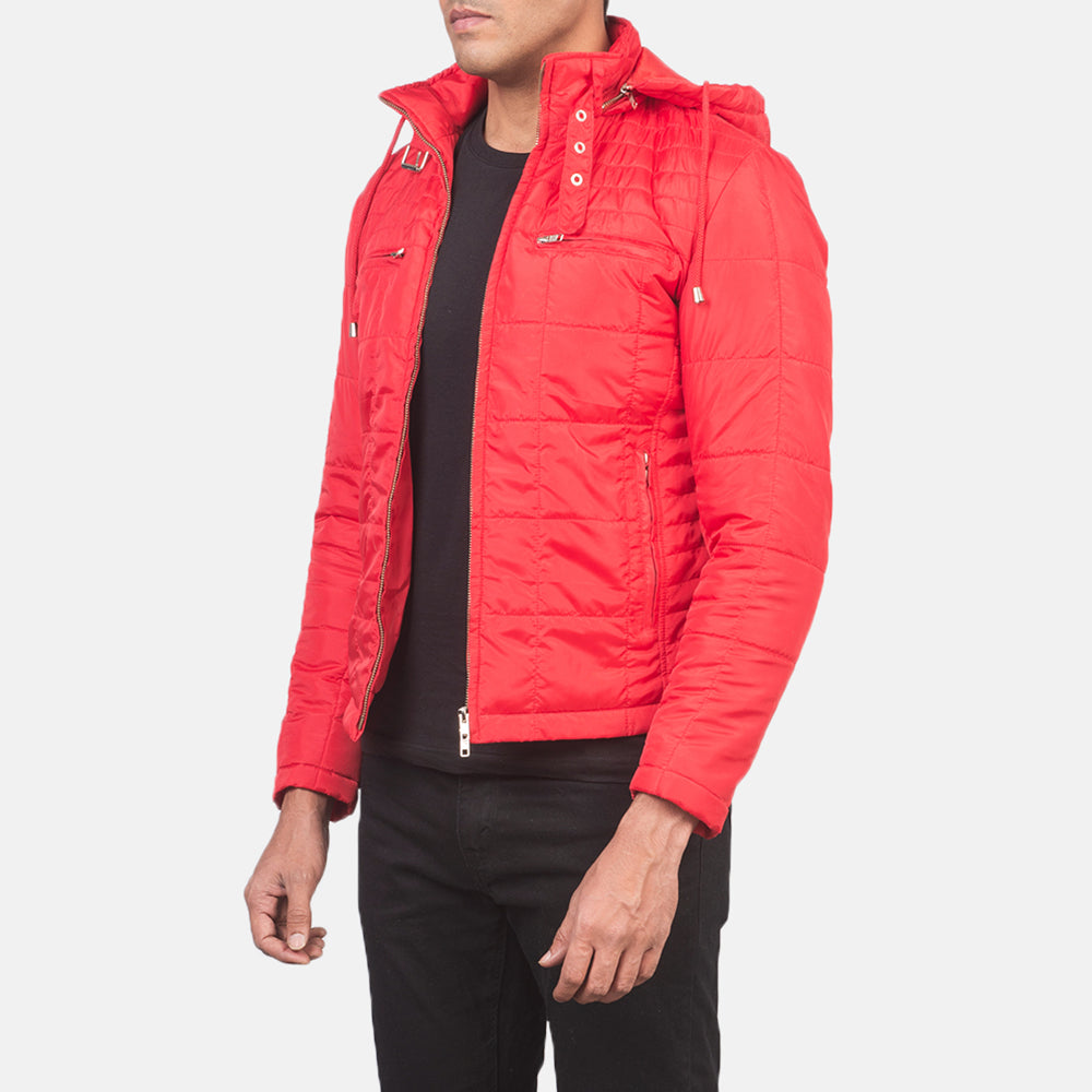 
Red Nylon Winter Jacket - 展现肩线贴合与利落下摆的背部视角