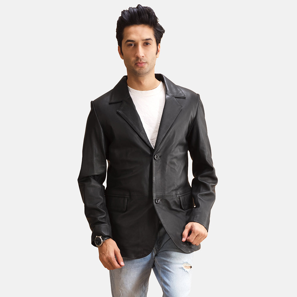 Alyson 黑色 真皮西装外套 男士 in Black Sheepskin Leather - Front Profile View &amp; Tailored Silhouette | Buy Online